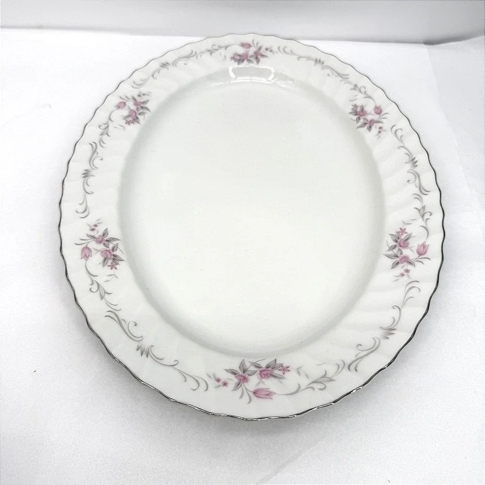 Gold Standard Heavy Platter Floral Pink Silver Trim Vintage Serving 14in w/ Box